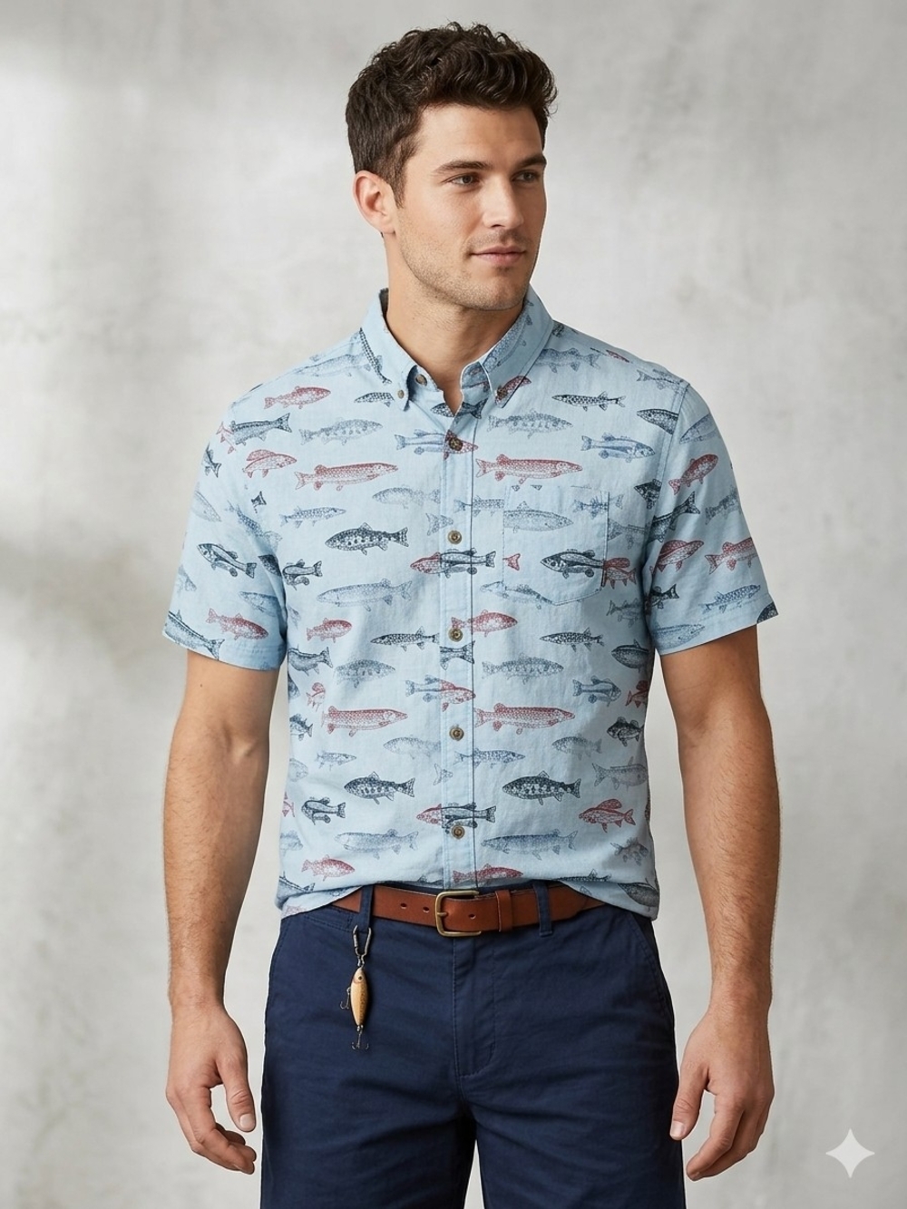 Eddie Bauer Men's 2XL Baja Fish Print Short Sleeve Button Down Shirt Blue Cotton